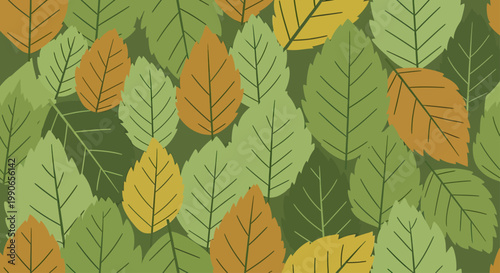 A dense pattern of stylized leaves in various shades of green and autumnal yellows