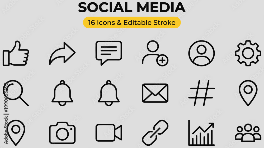 Fototapeta premium Collection of modern minimalist social media icons representing communication engagement and sharing features for digital platforms