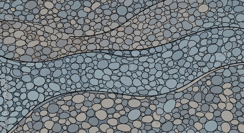 Overlapping, flowing bands of gray, blue and tan pebbles create an abstract, mosaic-like background