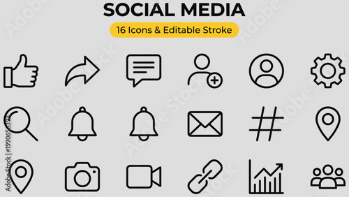 Collection of modern minimalist social media icons representing communication engagement and sharing features for digital platforms