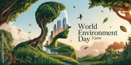 World environment day illustration with human profile formed by nature and city skyline symbolizing balance between urban development and environmental sustainability 5 june concept