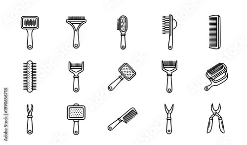 Pet grooming brush icons set vector thin line comb deshedding slicker pin brush animal care pictograms isolated white background