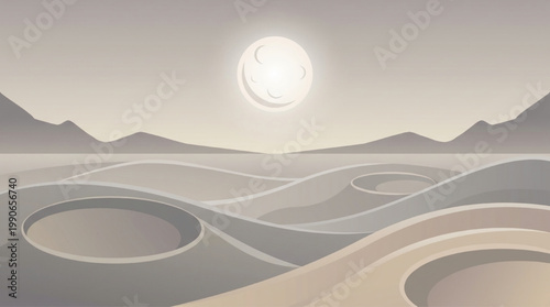 Minimalist vector illustration of a moonlit alien landscape with craters