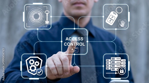 Concept of access control. Cybersecurity and data protection. Automatic access control system. businessman hand touching virtual screen