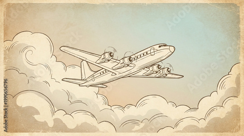 Vintage style illustration of a propeller airplane flying through clouds