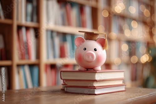 Pink Piggy Bank Wearing Graduation Cap Sitting on Stack of Books in Library Soft Focus Background