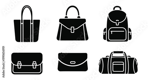 A collection of various handbag and luggage designs in black silhouette