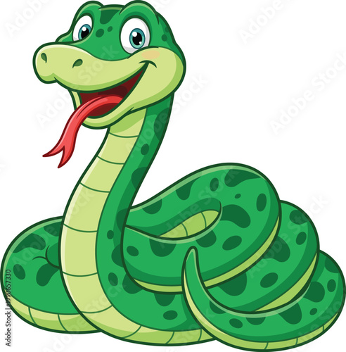 Friendly green snake cartoon character, happy coiled serpent vector, cute reptile mascot illustration