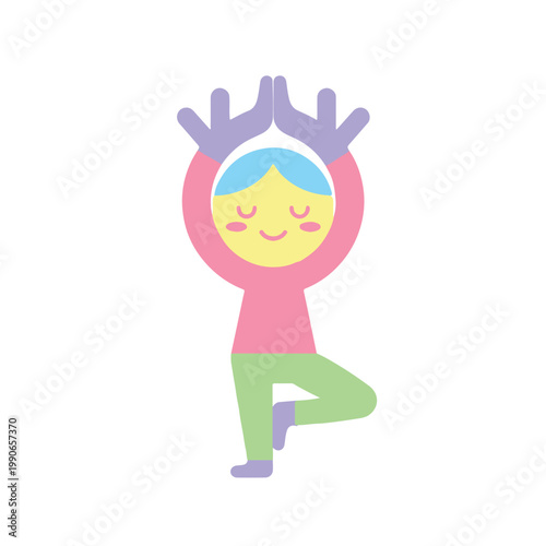 Child practicing yoga tree pose indoors with calm expression, colorful outfit, front view, lifestyle and mindfulness concept
