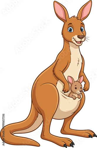 Cartoon kangaroo with baby joey in pouch, cute mother kangaroo vector, wild australian animal