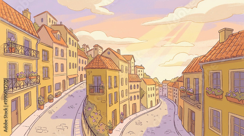 Charming European Street Scene with Old Buildings.