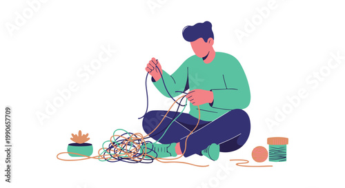 Man Untangling Colored Cords Sitting Indoors Illustration, Organized Workspace, Creative Activity Viewpoint
