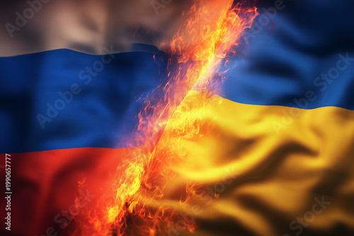 Burning Ukraine Russia flags