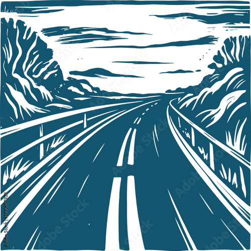 Blue and white of an empty highway with guardrails and surrounding nature