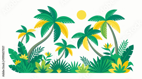 Tropical landscape illustration with palm trees and foliage