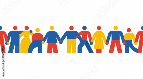 Abstract illustration of diverse people holding hands in a row