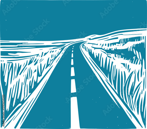 Blue and white abstract road with mountainous landscape mountains