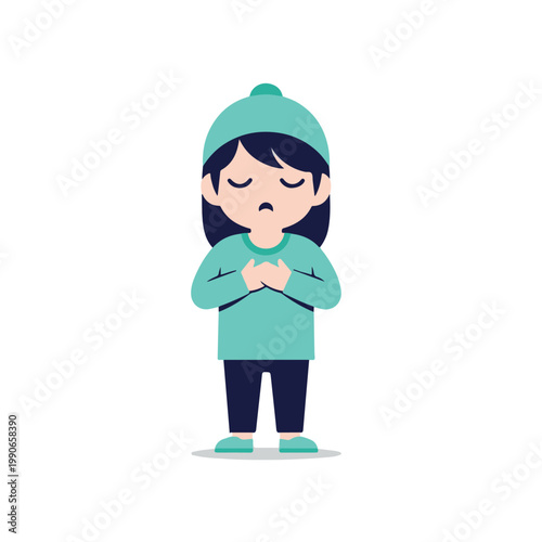 Sad Girl Standing Alone with Closed Eyes and Hands on Chest in Minimalist Illustration Style