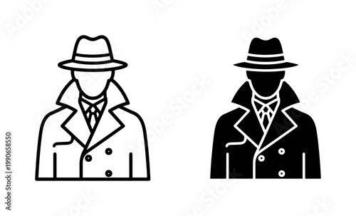 Fotografie Detective Silhouette Icons, Mysterious Man in Trench Coat and Hat, Spy Character