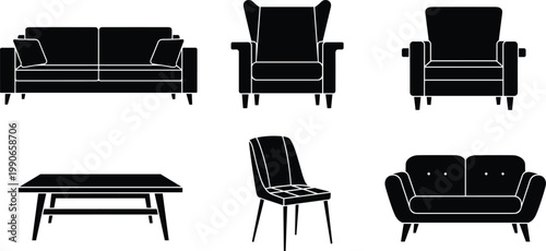 Minimalist Black and White Furniture Icon Set with Sofa, Armchair, Dining Table, and Chair Designs for Home Decor, Interior Design, and Furniture Projects