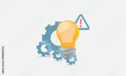 Business problem solving concept with light bulb, gears, and warning sign, representing innovation, risk management, troubleshooting, and strategic thinking in modern business processes.