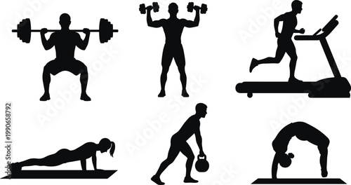 Set of fitness workout silhouettes including weightlifting running push ups and yoga exercises vector illustration