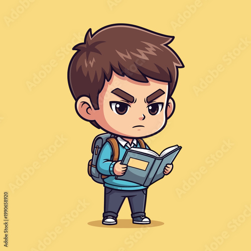 Angry Cartoon Boy Reading Book.
