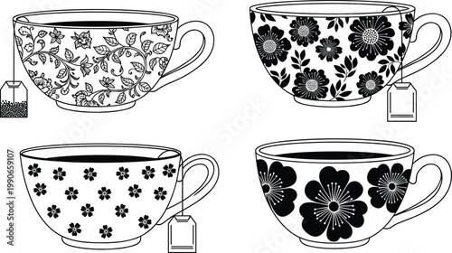 Set of decorative tea cups with floral patterns line art vintage style teacup collection vector illustration