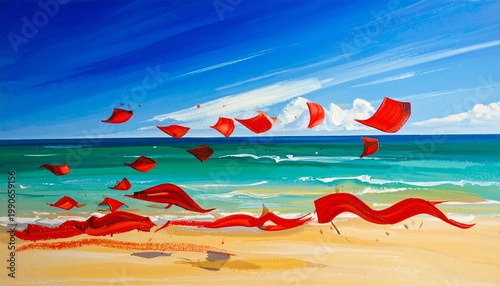 Abstract beach scene with red geometric shapes