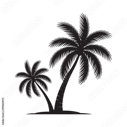 Two palm trees stand silhouetted against a white background