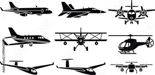 Black and White Airplane, Helicopter, and Drone Vector Set, Silhouette Collection of Various Aircraft Types for Aviation and Travel Designs