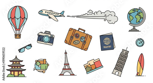 Travel icons, tourism symbols, landmarks, transportation, globe, luggage