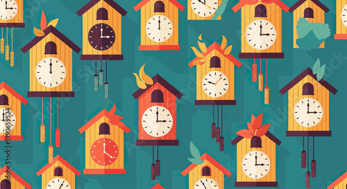 Flat vector pattern of various wooden cuckoo clocks with decorative foliage