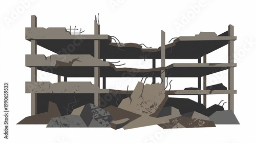 Vector illustration of a destroyed multi-story building ruins