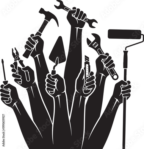Black and white illustration of hands holding various tools