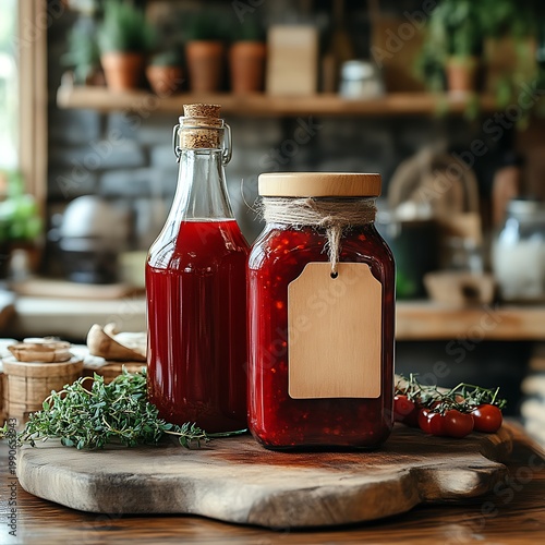 Rustic kitchen setting featuring a glass bottle and jar of homemade red berry preserves