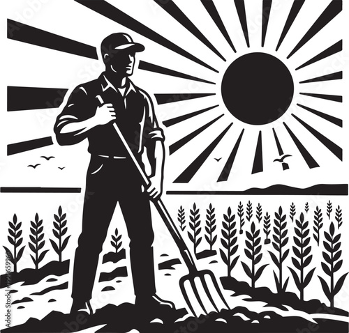 Black and white illustration of a farmer standing in a field with a shovel 