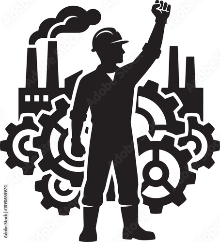 Black silhouette of a worker in a hard hat with fist raised