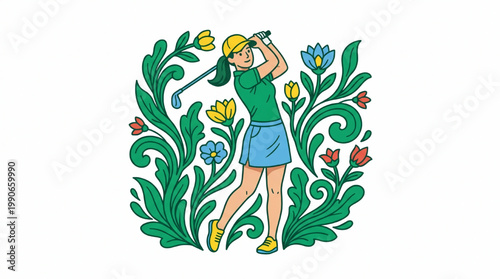 Woman golfer swinging club with focus and determination.