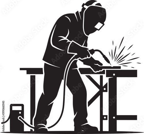 Black silhouette of a welder working on a piece of metal