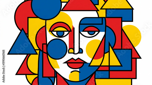 Abstract Cubist Portrait Face Geometric Shapes Vibrant Colors.