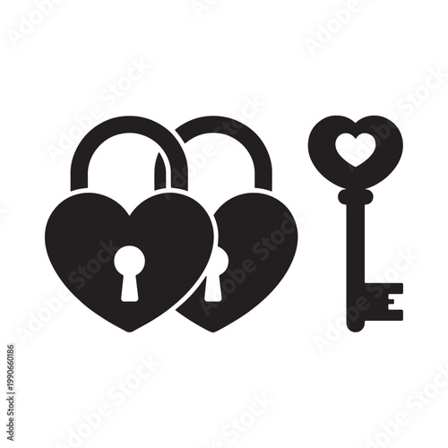 A black and white illustration of a padlock heart and key