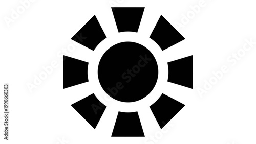 Minimalist sun icon or symbol, simple geometric design featuring a central circle surrounded by eight trapezoidal rays,