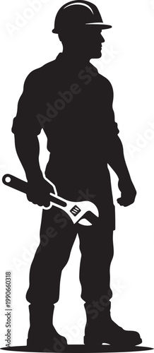 Black silhouette of a construction worker holding a large wrench