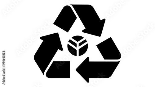 Recycle icon with a stylized leaf symbol in the center, representing ecofriendly and sustainable waste management practi