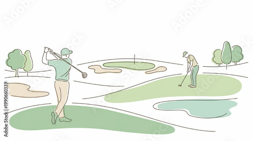 Golfer swings club on green with another player nearby.