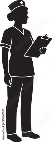 Silhouette of a female nurse standing with a clipboard in hand