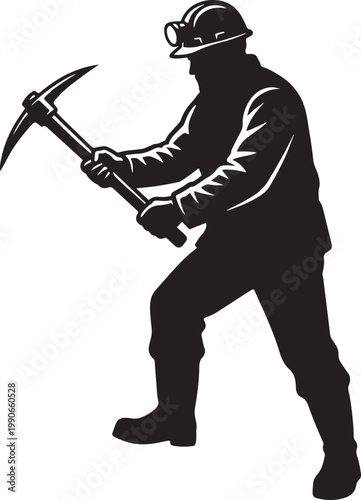 Black silhouette of a miner isolated on a white background, holding a pickaxe