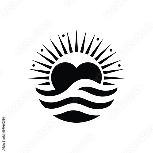 Two hearts in water with sun rays in solid black color isolated on transparent background love and nature concept.