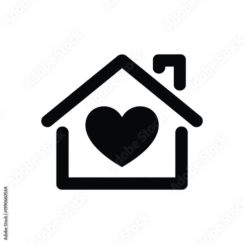 Home heart icon with chimney representing domestic love family life housing property real estate and comfort in black silhouette.